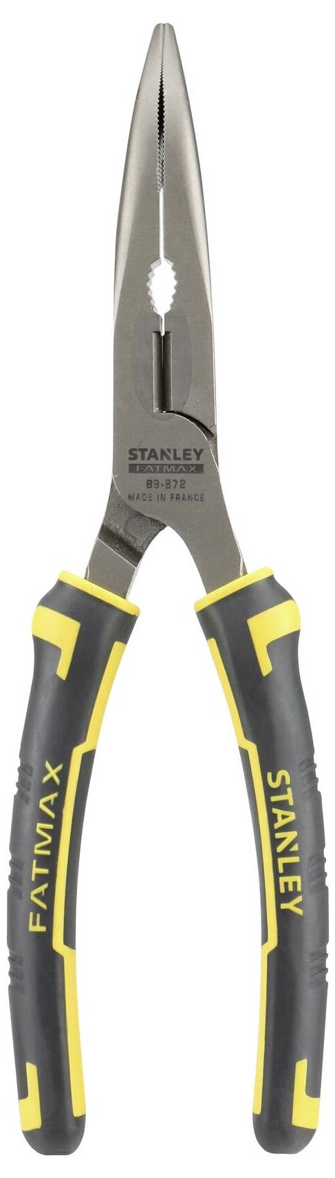 Pince multifonction à long manche avec poignée noir et jaune, nom de marque 'Stanley' gravé sur la pince. Adaptée pour les travaux de préhension et de coupe.