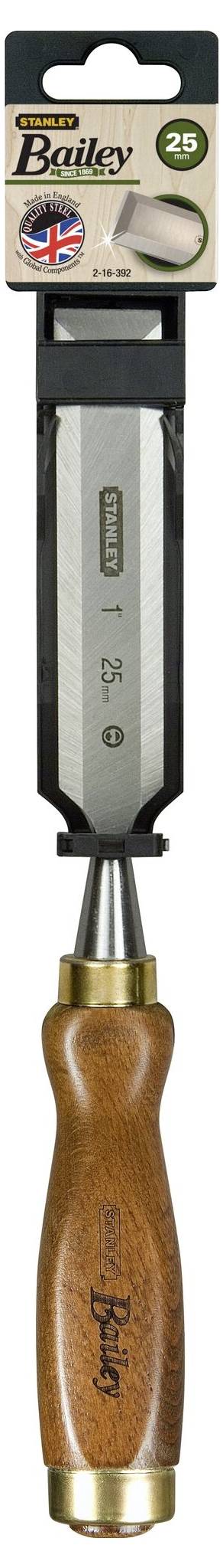 Ciseau à bois avec lame en acier revêtue et manche en bois. L'emballage porte l'inscription 'Bailey', avec un symbole indiquant une largeur de 25 mm.