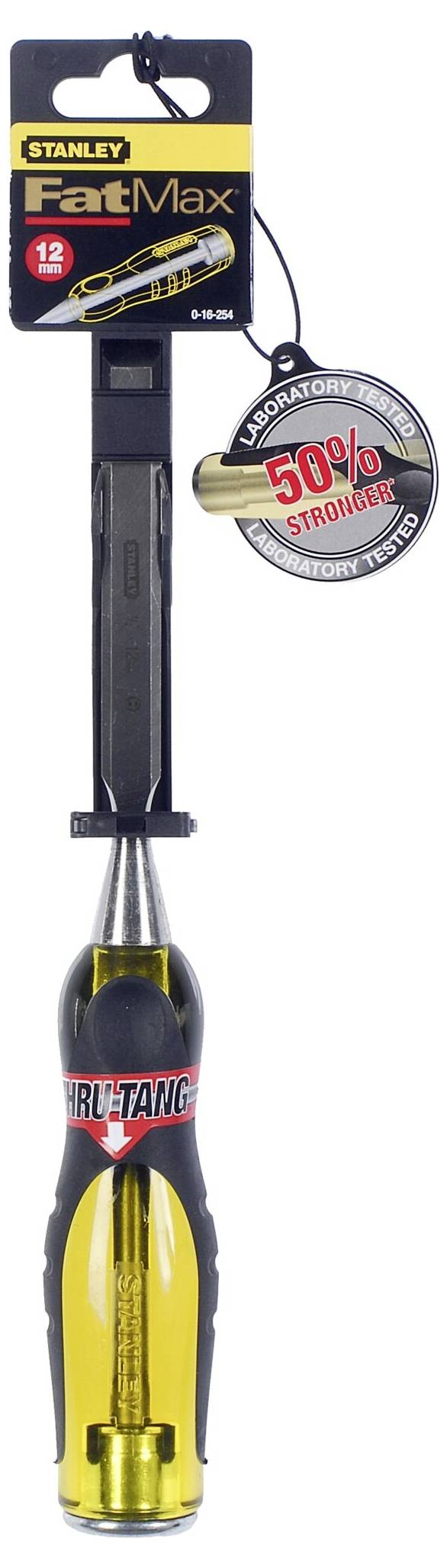 Un tournevis Stanley FatMax avec étiquette '50% plus solide', adapté pour des travaux rapides nécessitant une grande résistance.