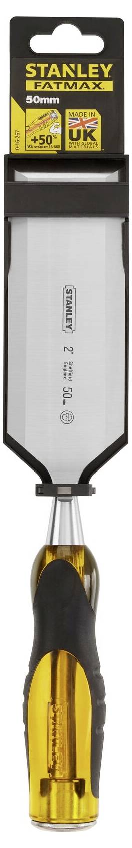 Une spatule Stanley avec manche ergonomique et large lame en acier inoxydable, dans un emballage portant l'inscription '50 ans de garantie'.