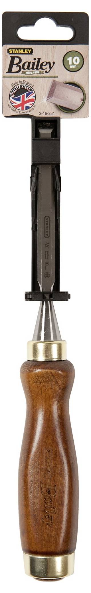 Manche de bois d'un ciseau à bois Stanley 'Bailey' avec une lame de taille 10. 'British Design' mis en évidence sur l'emballage.