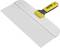 Une grande spatule avec une poignée en plastique jaune et noir et une large lame en métal, adaptée aux travaux de carrelage et de plâtrerie.