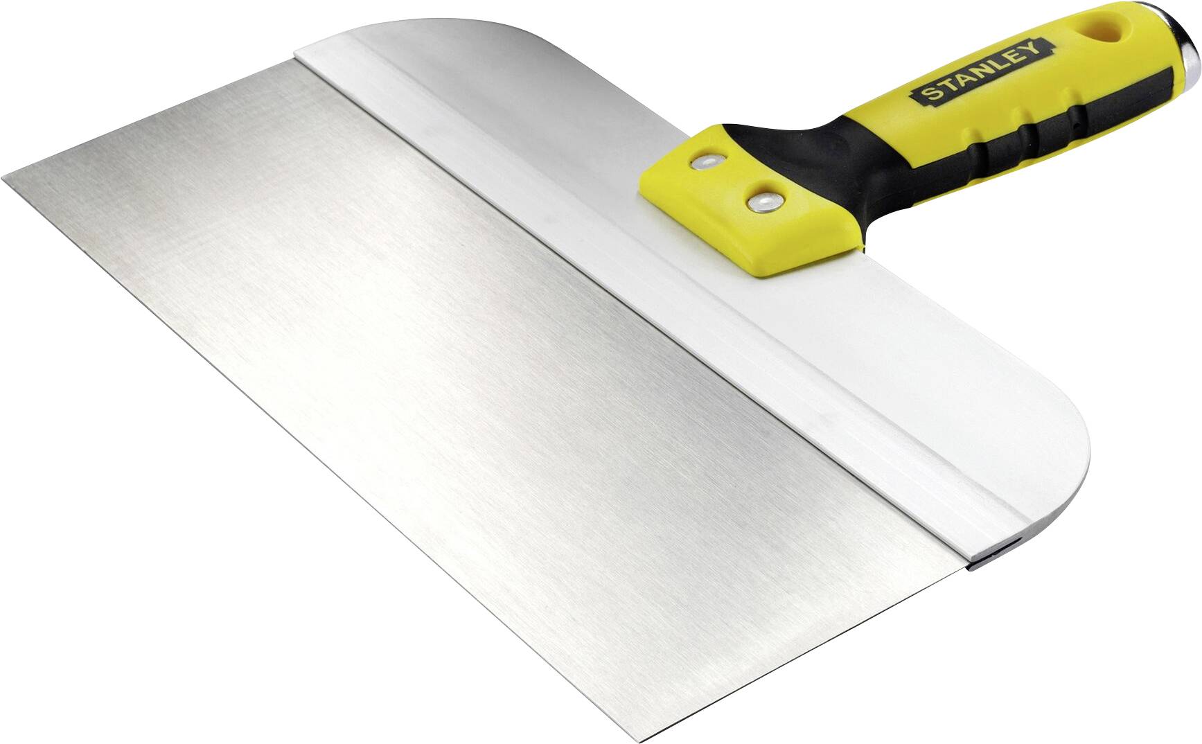 Large spatula tool with a yellow and black handle. Used for spreading materials such as plaster or filler.<br><br>Translation:<br><br>Large spatule avec poignée jaune et noire. Utilisée pour étaler des matériaux comme du plâtre ou de l'enduit.