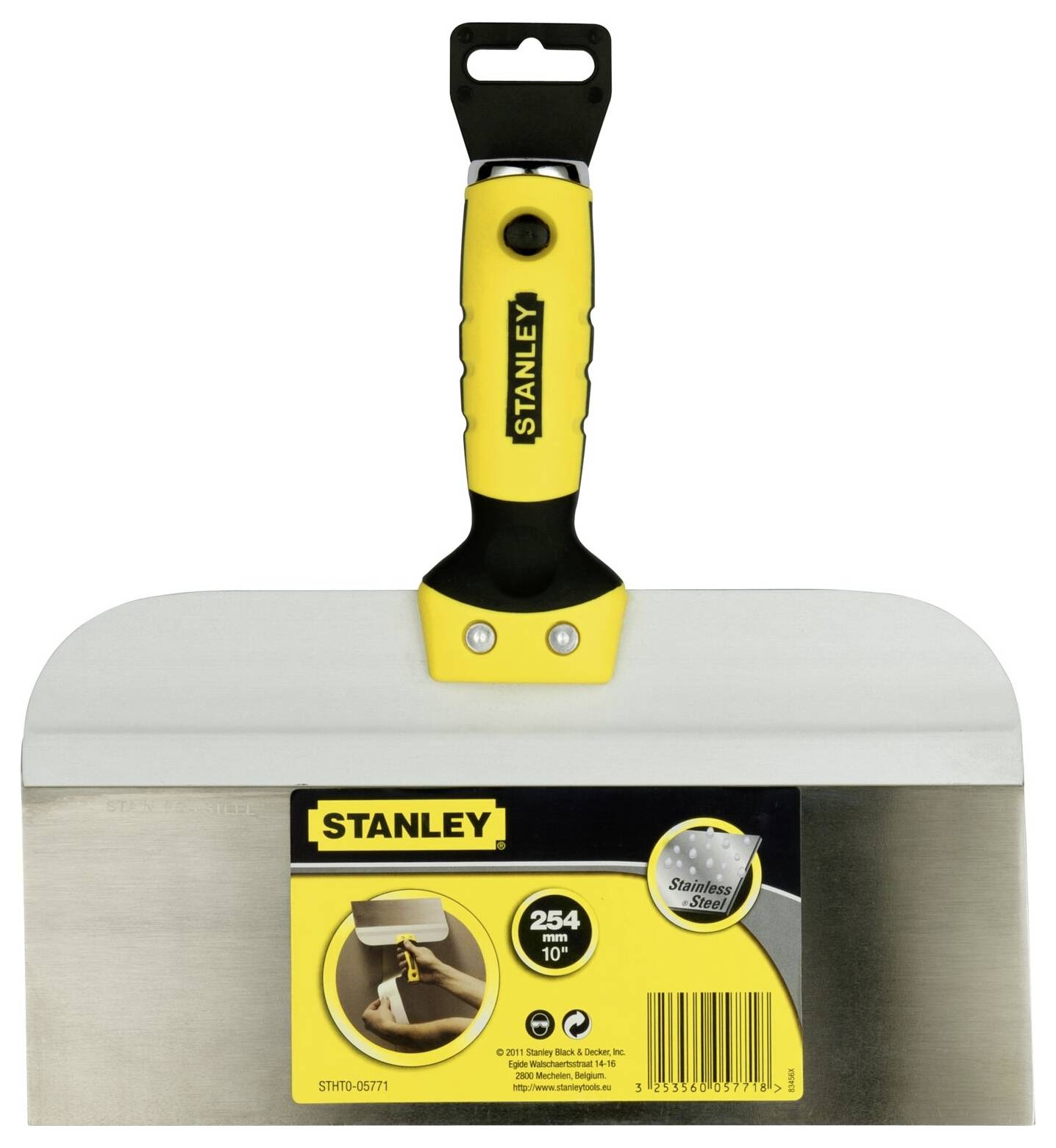 Une spatule de surface jaune et noire de Stanley, en acier inoxydable de 254 mm (10 pouces), avec une poignée ergonomique et des instructions d'utilisation sur l'emballage.