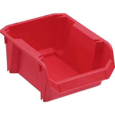 Boîte de rangement rectangulaire rouge en plastique avec côtés biseautés et accès ouvert à l'avant. Adaptée au stockage de petites pièces.