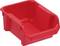 Boîte de rangement rectangulaire rouge en plastique avec côtés biseautés et accès ouvert à l'avant. Adaptée au stockage de petites pièces.
