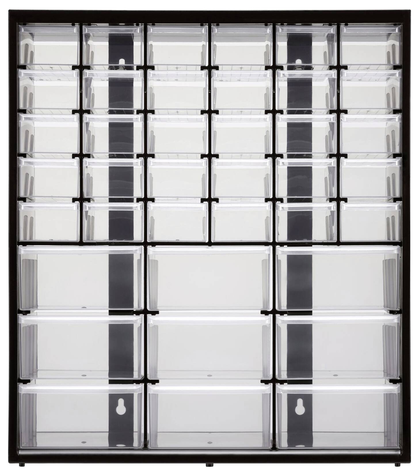 Une étagère composée de cinq rangées de contenants en plastique transparents et rectangulaires, reposant sur des supports noirs, adaptée au rangement de petits objets.