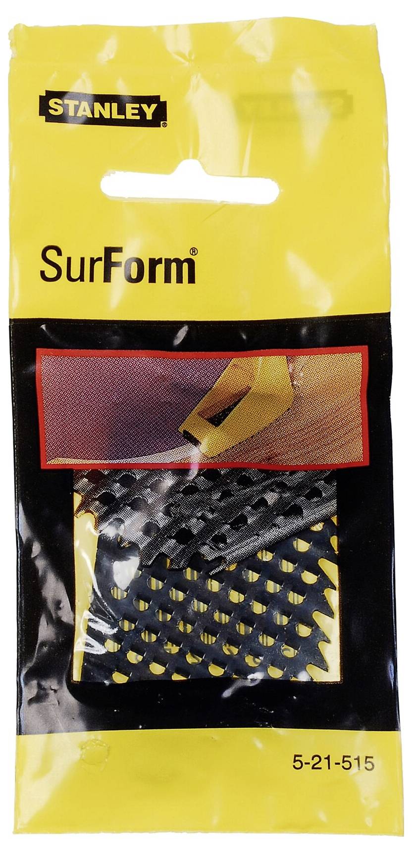 Lame de rechange 'Stanley SurForm' dans un emballage jaune. L'emballage présente un gros plan des pointes de lame noires. Numéro de modèle : 5-21-515.