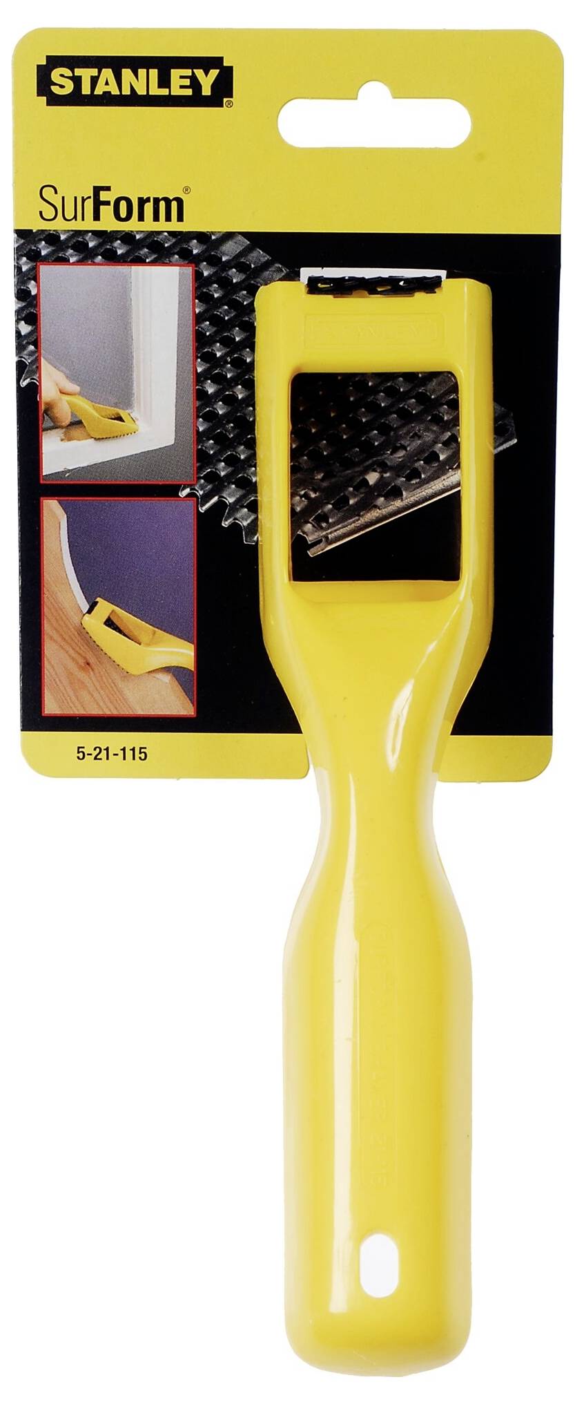 Un rabot Surform jaune de Stanley. À l'arrière-plan, un emballage avec des illustrations montrant des exemples d'utilisation.