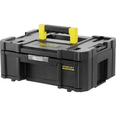 Mallette à outils noire de Stanley avec poignée jaune, design robuste, idéale pour les outils et accessoires, portable et empilable.