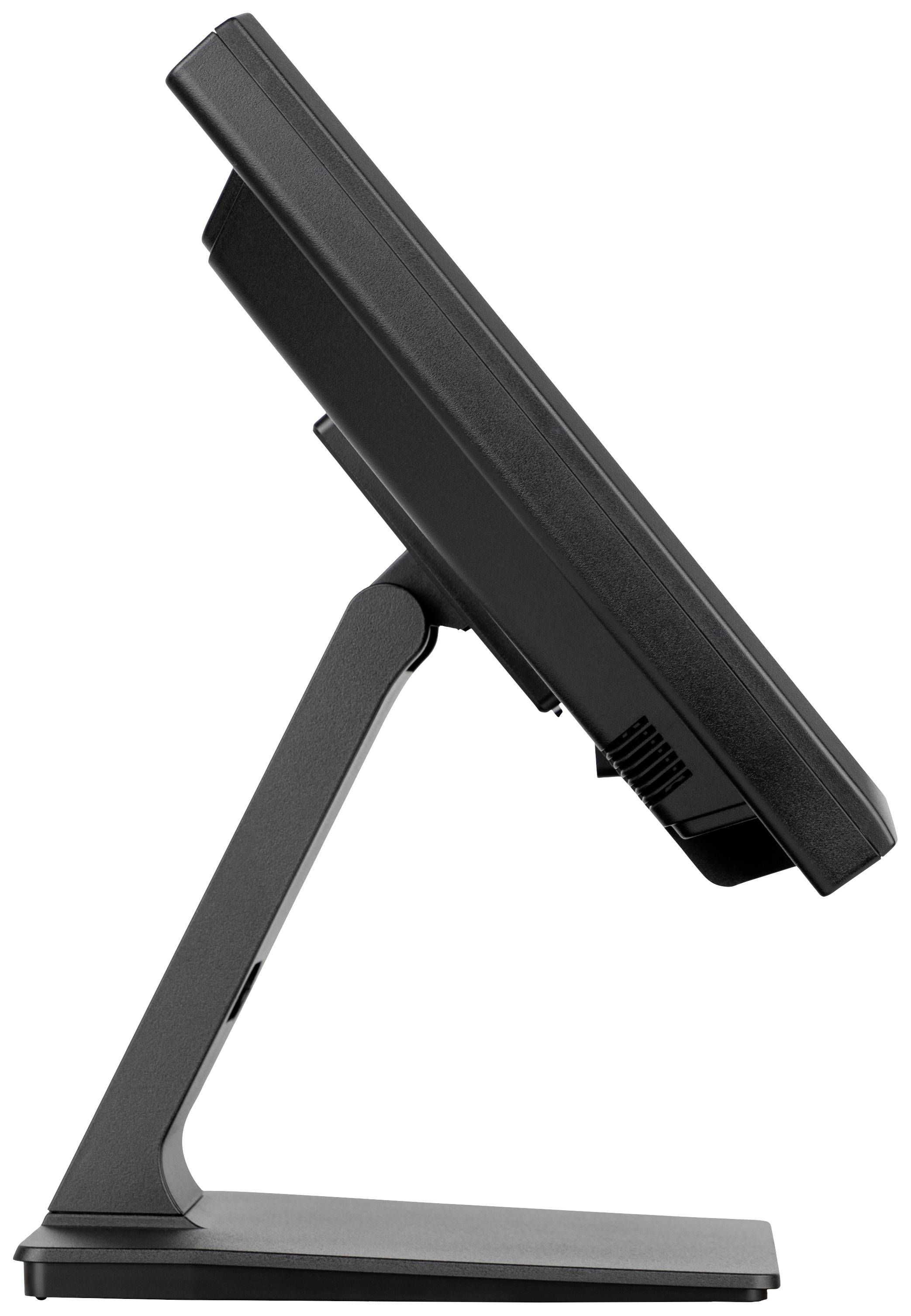 Un moniteur d'ordinateur noir vu de profil, posé sur un support métallique, légèrement incliné vers l'avant.