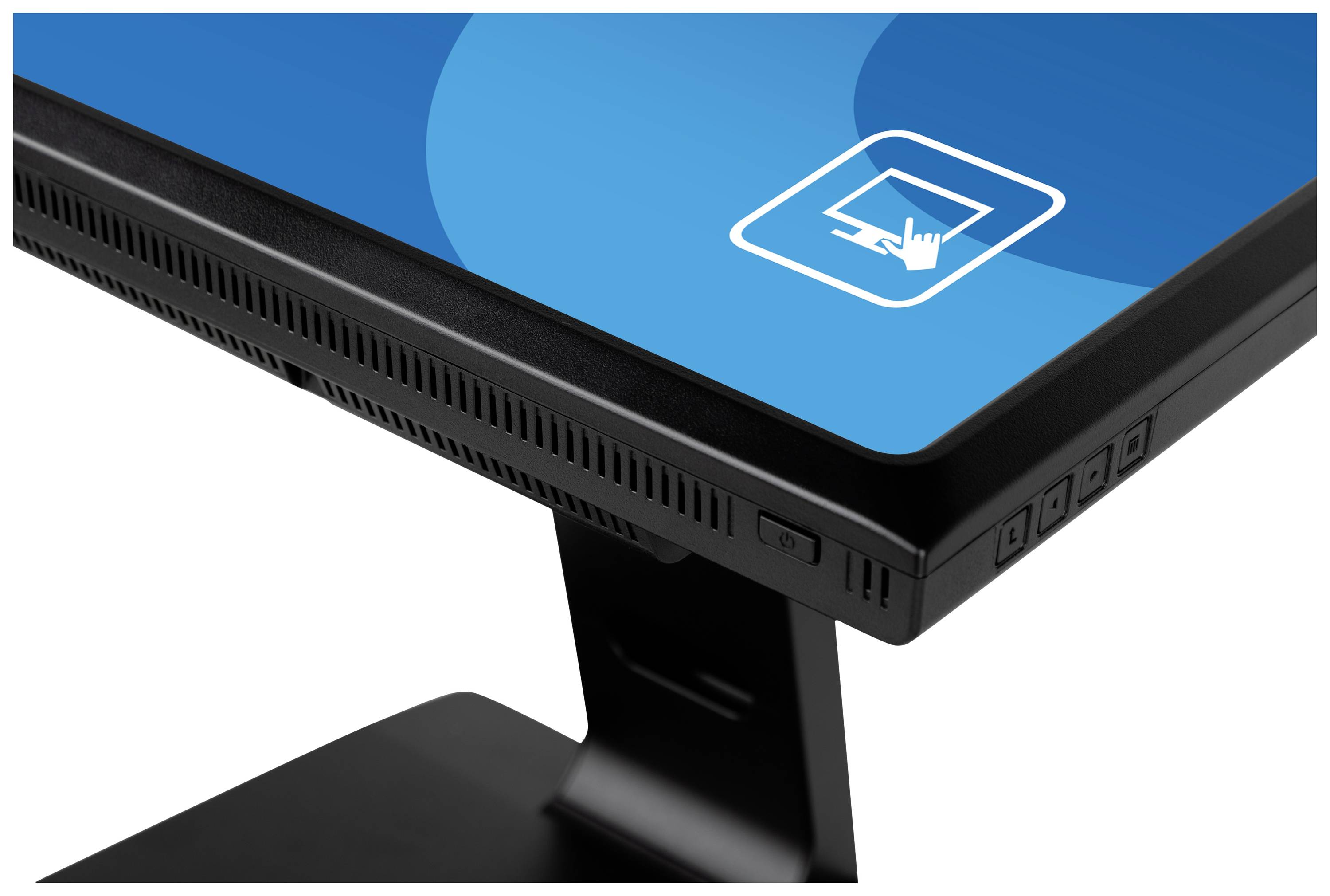 Un écran avec une interface utilisateur bleue et un symbole montrant une main qui appuie sur une image de moniteur.