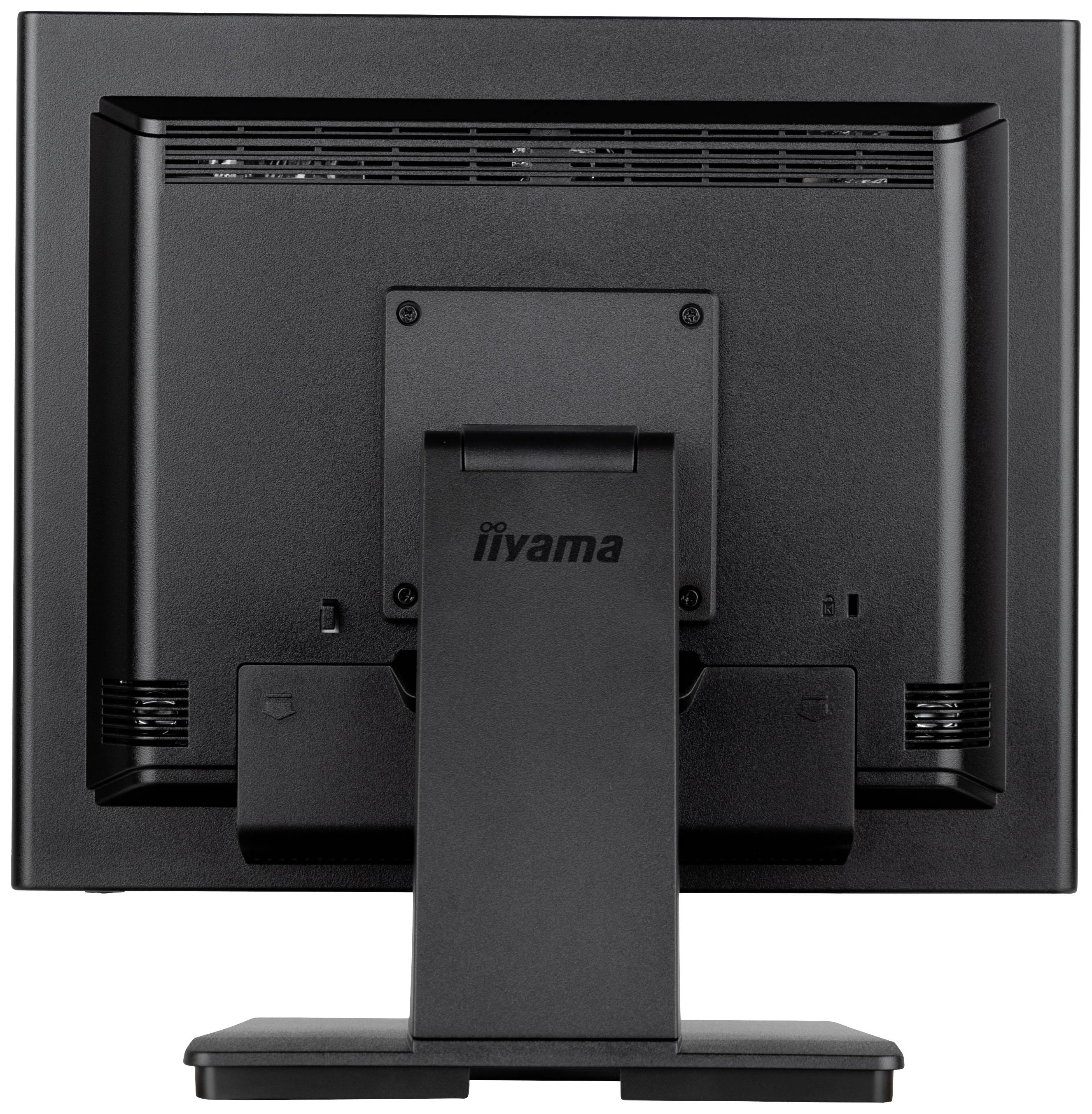 Le moniteur représenté montre l'arrière d'un écran noir iiyama avec son socle, des ouïes de ventilation et différentes connexions.