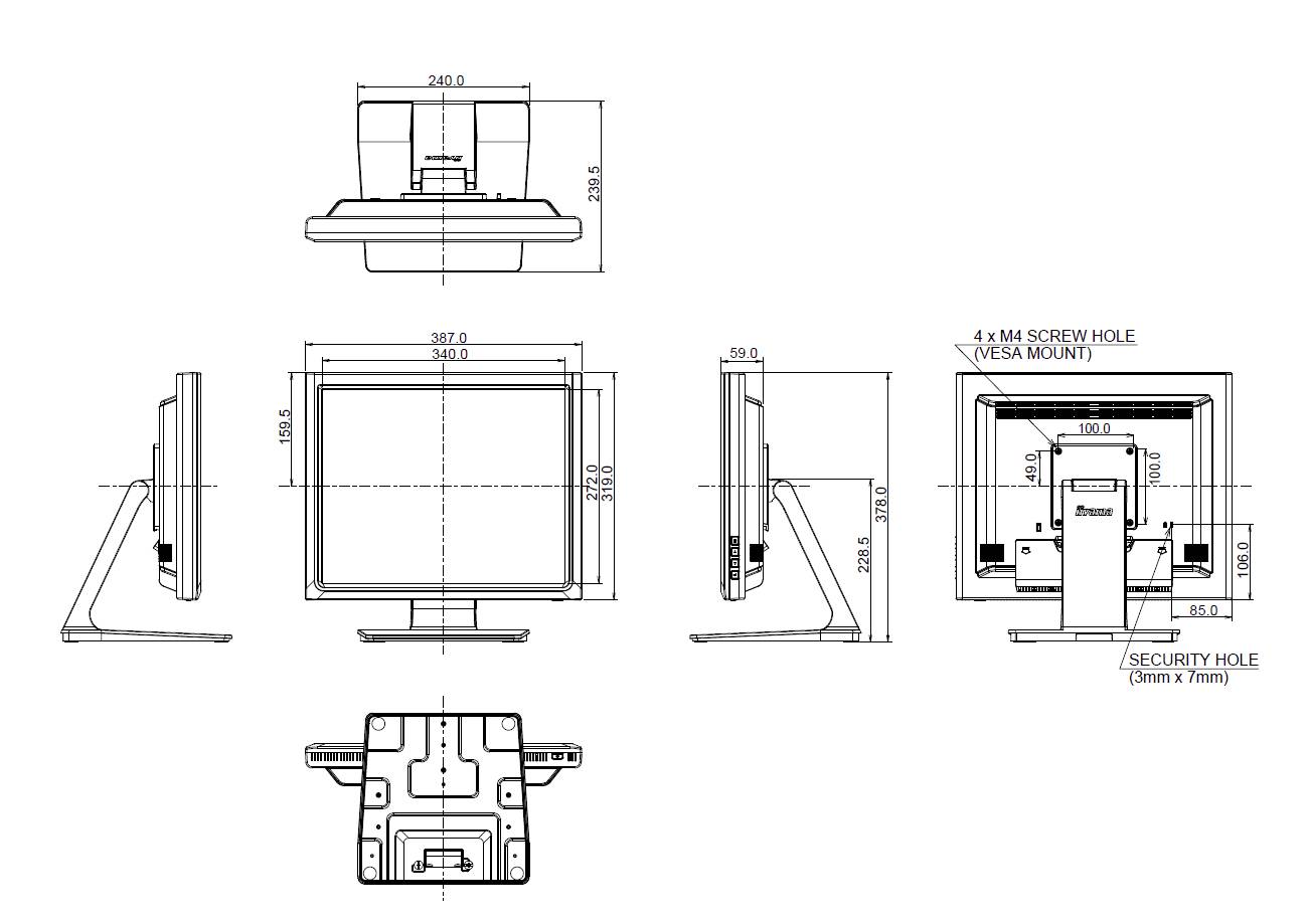 Dessin technique d'un moniteur avec vues latérale, frontale et arrière. Dimensions et trous de perçage pour montage VESA indiqués.