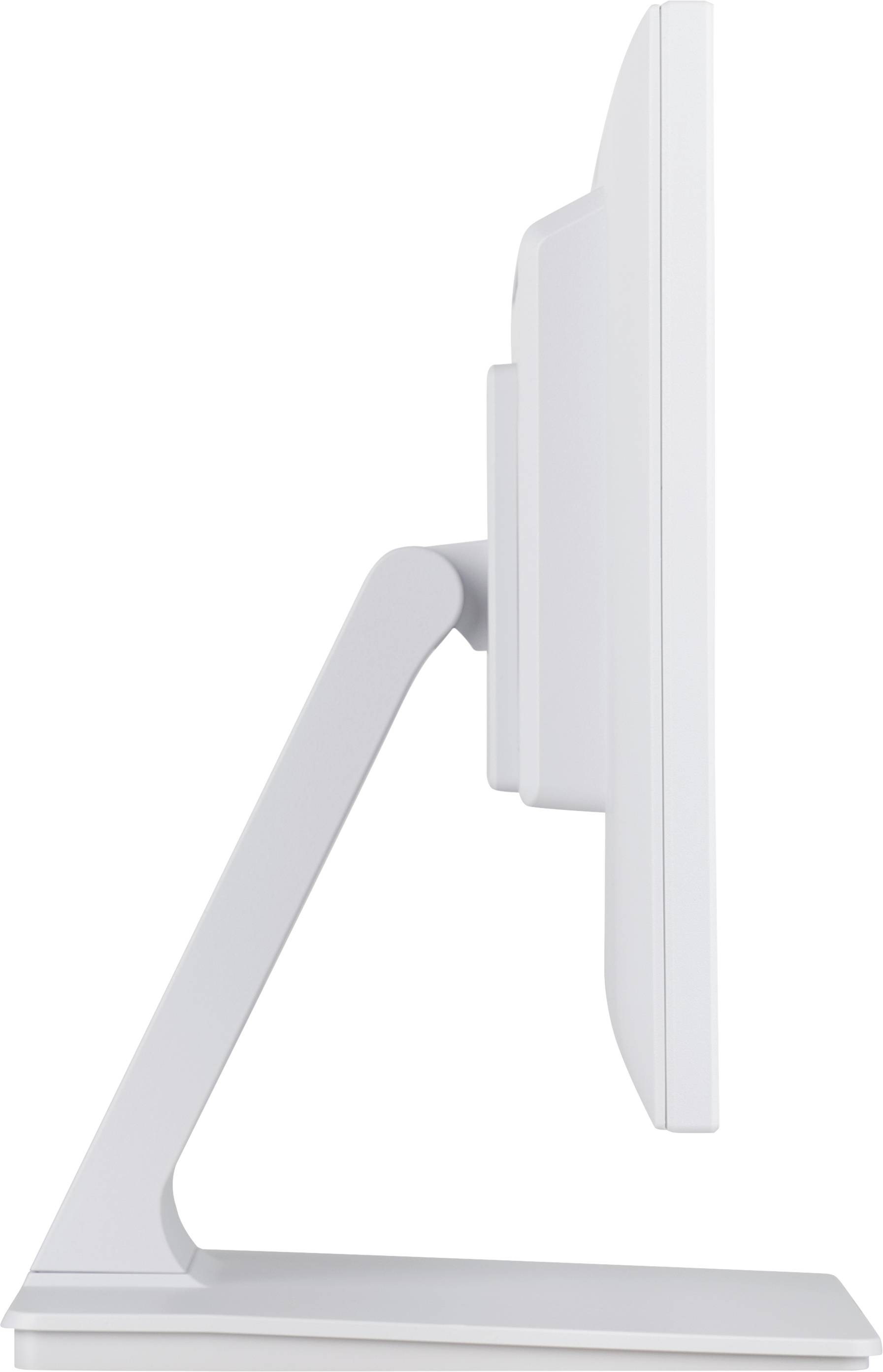 Vue latérale d'un écran d'ordinateur blanc moderne avec un cadre fin, reposant sur un socle stable.