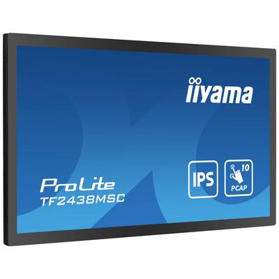 Un écran bleu présente l'iiyama ProLite TF2438MSC avec technologie IPS et fonction tactile PCAP 10 points.