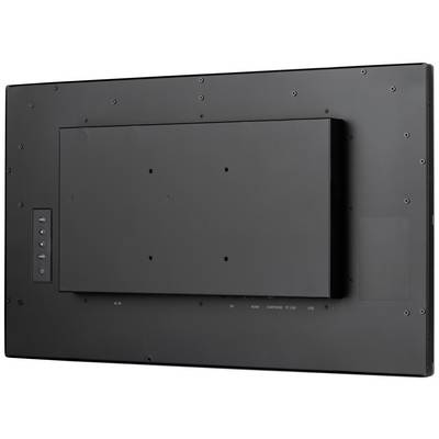 Le dos d'un écran plat noir avec plusieurs trous de fixation et un pavé de touches sur le côté gauche.