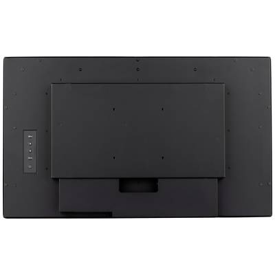 Vue arrière d'un téléviseur avec des touches sur le côté gauche. La surface est noire et de forme rectangulaire.
