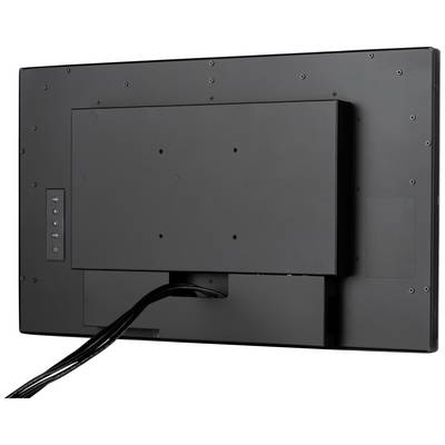 Vue arrière d'un moniteur noir avec plusieurs câbles sortant de sa base.