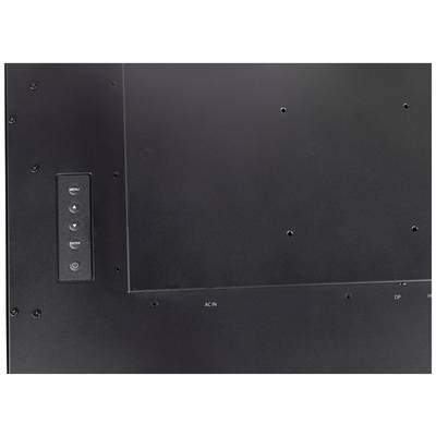 Arrière d'un écran noir avec des touches visibles pour le menu, la sélection et la mise sous tension. Des trous de vis et des ports d'entrée sont identifiables.