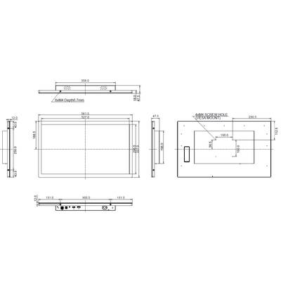 Dessin technique d'un dispositif rectangulaire en trois vues avec dimensions : vue de face, vue latérale et vue de dessus.