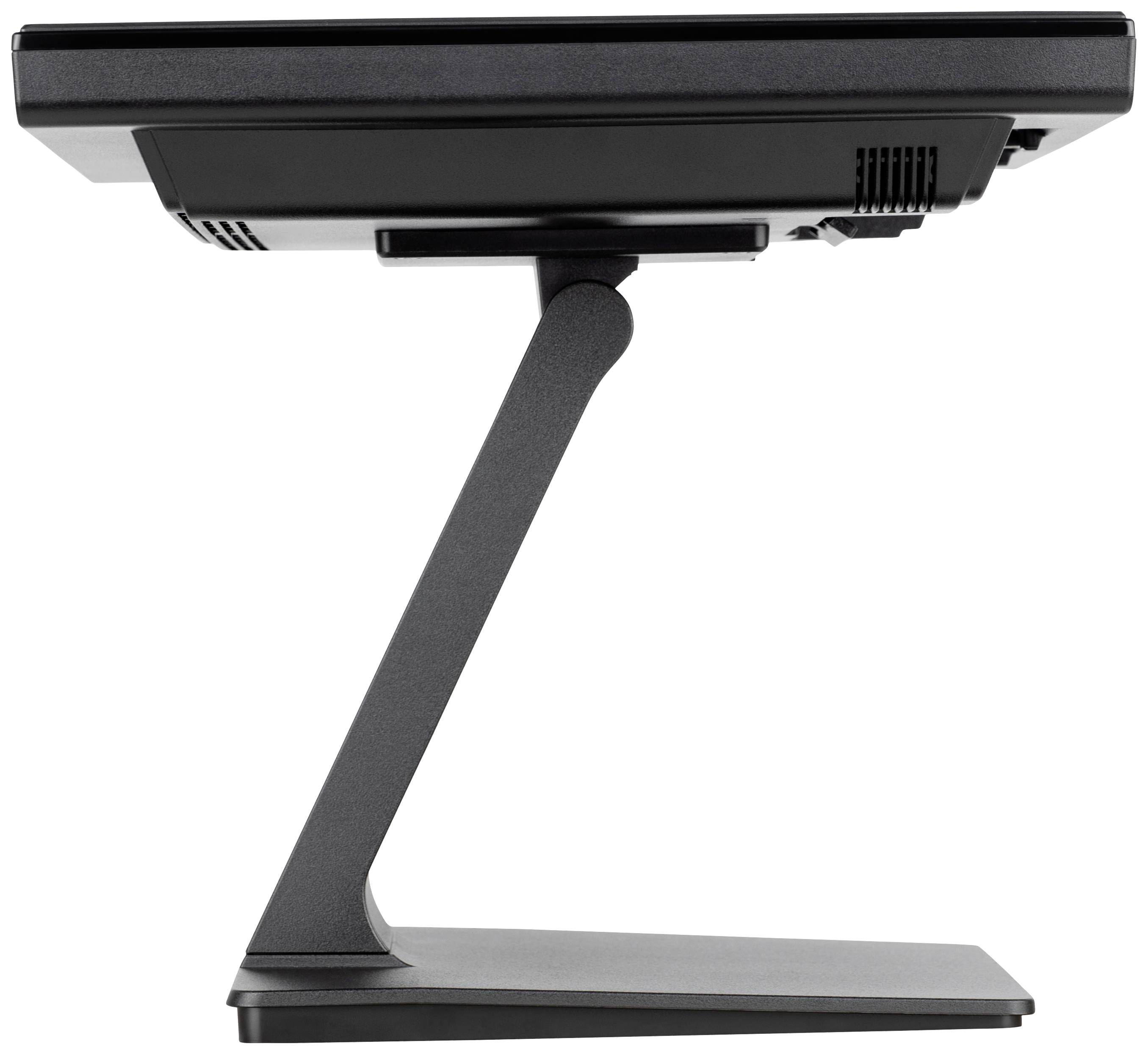 Vue latérale d'un moniteur noir sur un support de bureau. L'écran est légèrement incliné vers le bas.