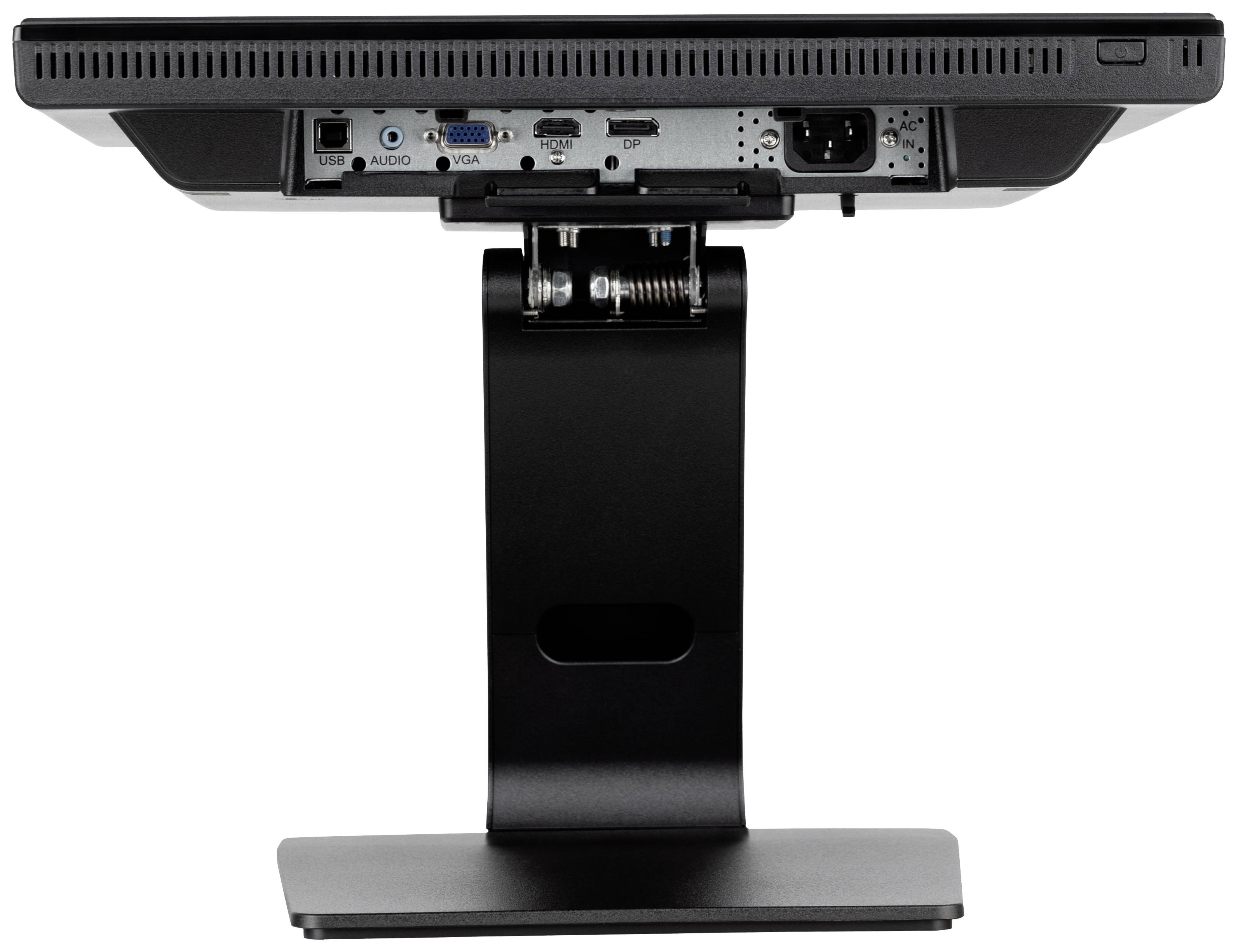 Vue arrière d'un écran d'ordinateur sur support. Connecteurs visibles : Audio, VGA, USB, DVI et câble d'alimentation.