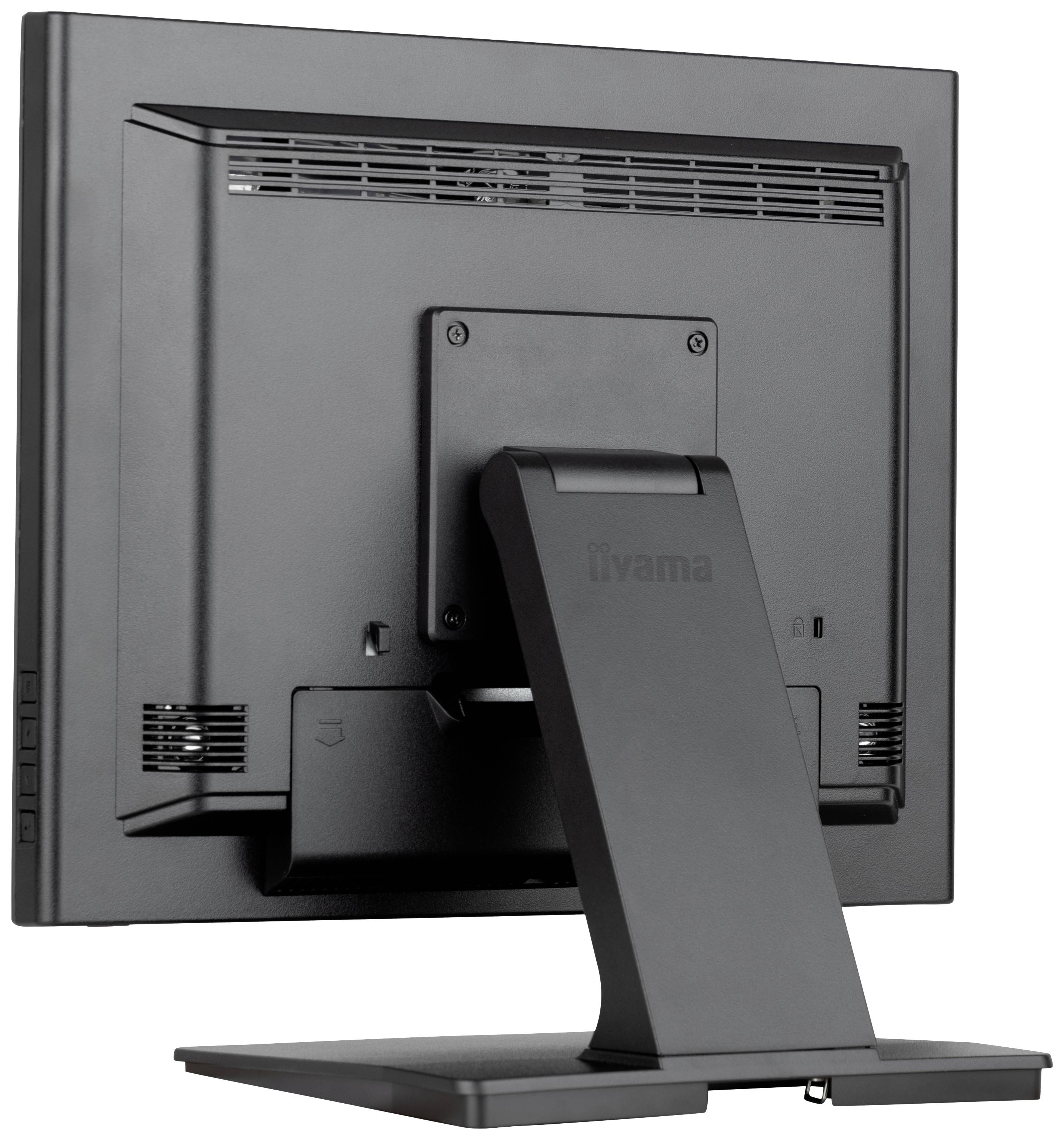 Un moniteur noir vu de dos, monté sur un socle. Des fentes de ventilation visibles en haut, des connexions de câbles en bas.