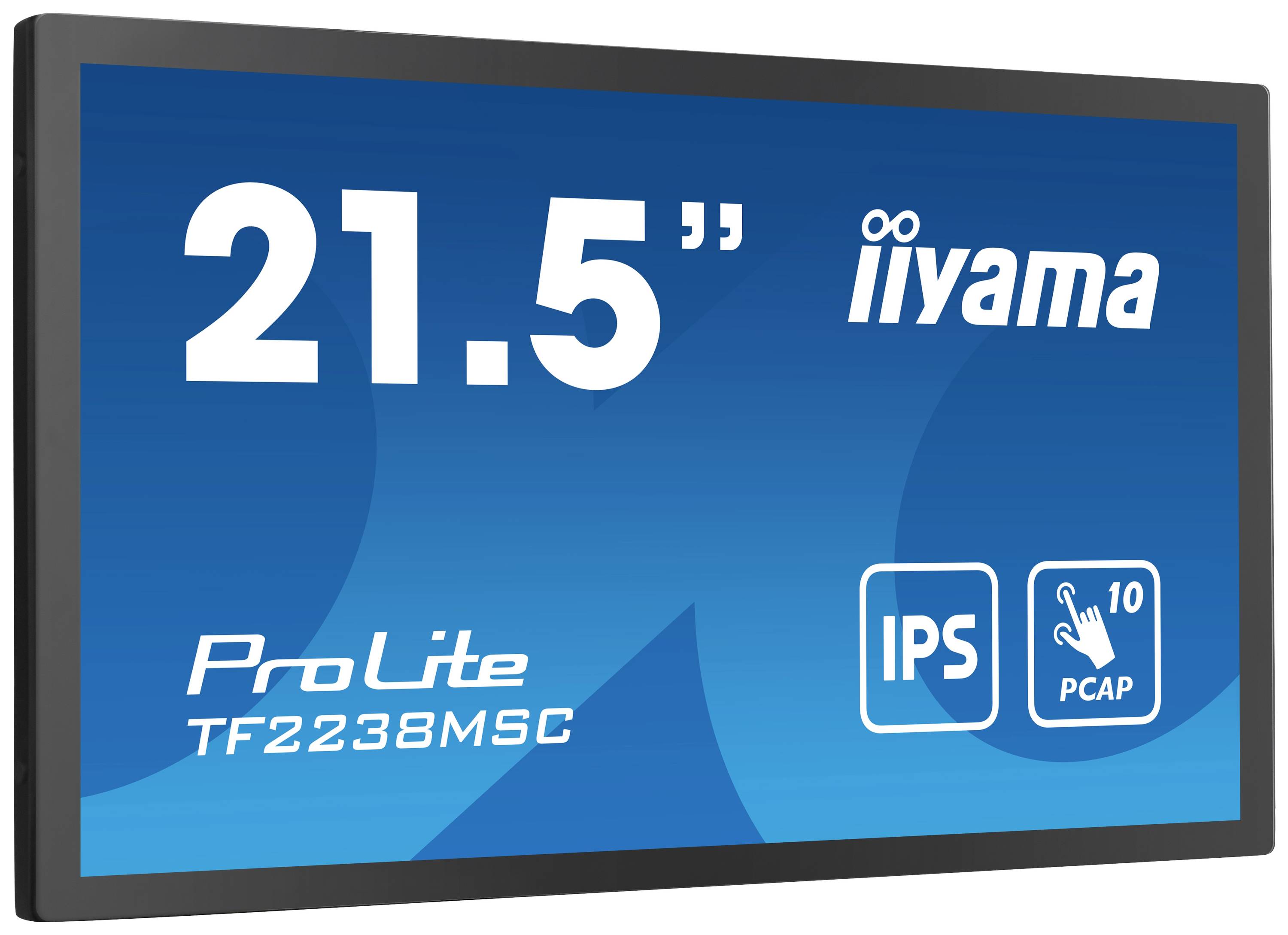Écran de moniteur avec l'inscription '21,5 pouces', 'iiyama', 'ProLite TF2238MSC', 'IPS', 'PCAP 10 points', couleur de fond bleue.