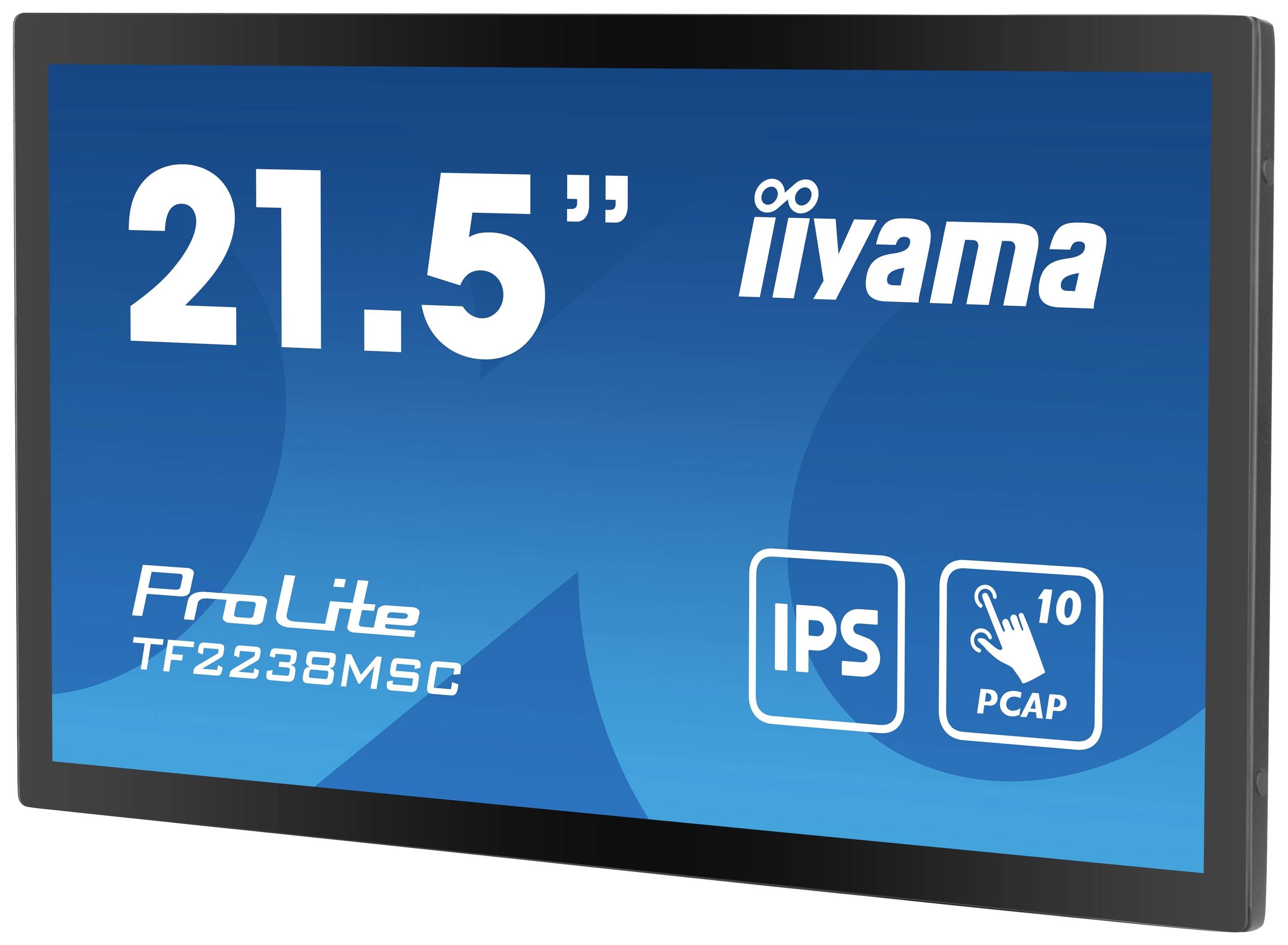 L'écran affiche l'inscription '21.5" ProLite TF2238MSC', avec des logos pour la technologie IPS et la technologie tactile 10 points.