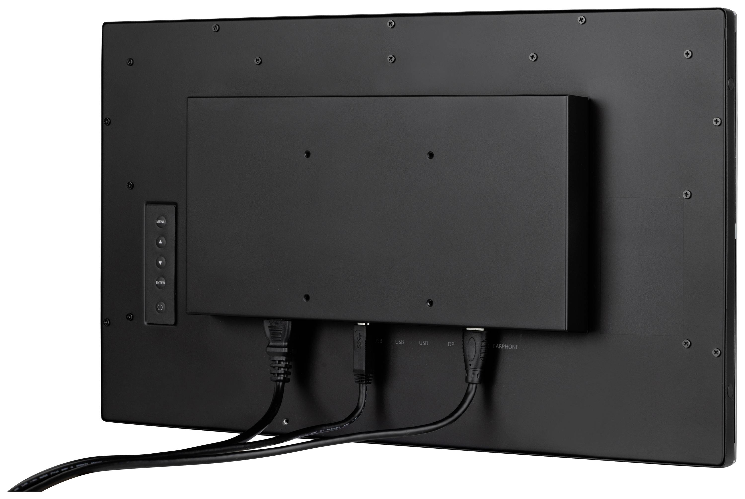 Le dos d'un moniteur noir avec des câbles branchés dans les ports. Sur le côté gauche se trouvent quelques touches.