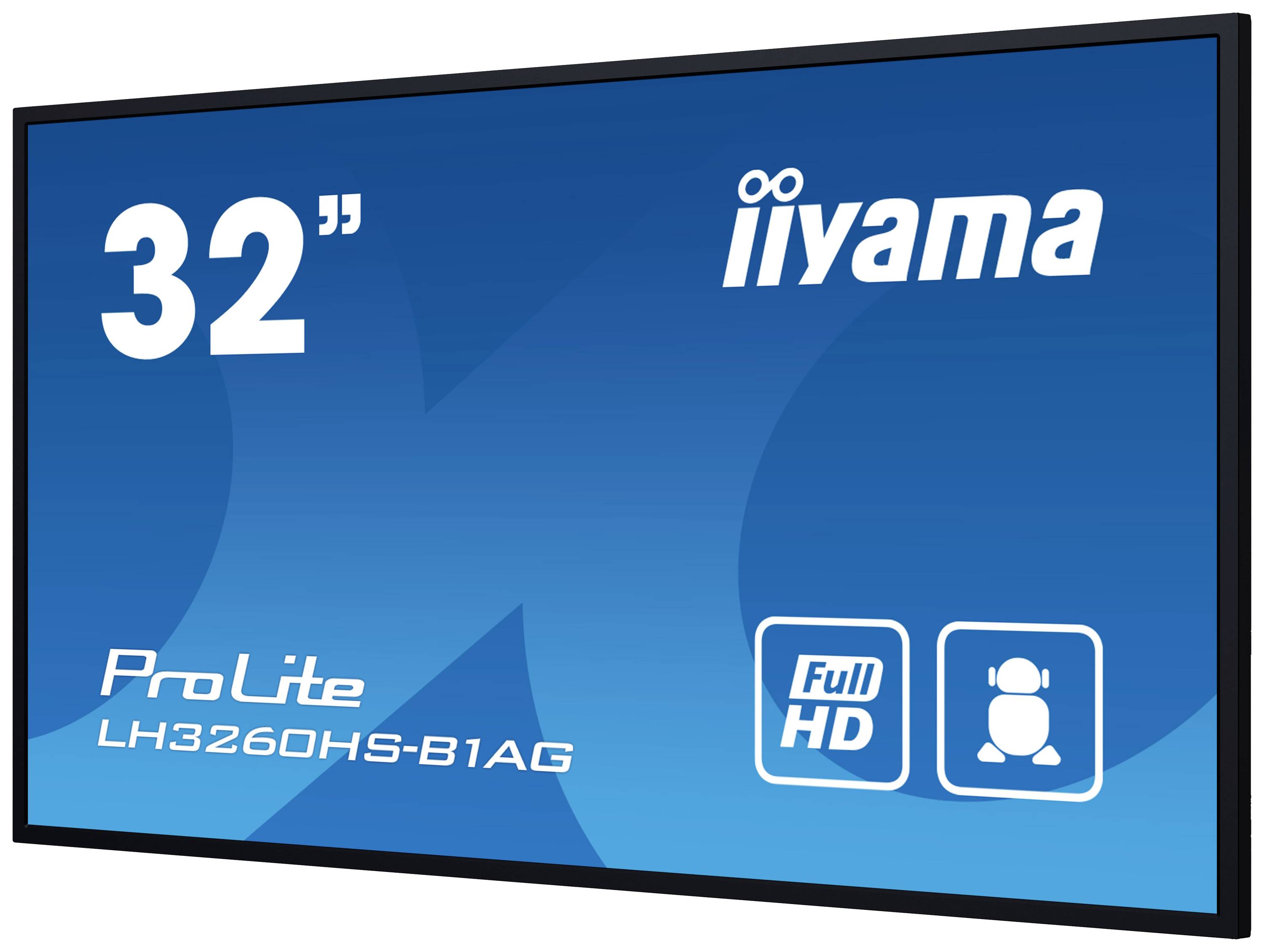 Un écran de 32 pouces portant l'inscription 'iiyama ProLite LH3260HS-B1AG', avec une résolution Full-HD et un symbole de haut-parleur.