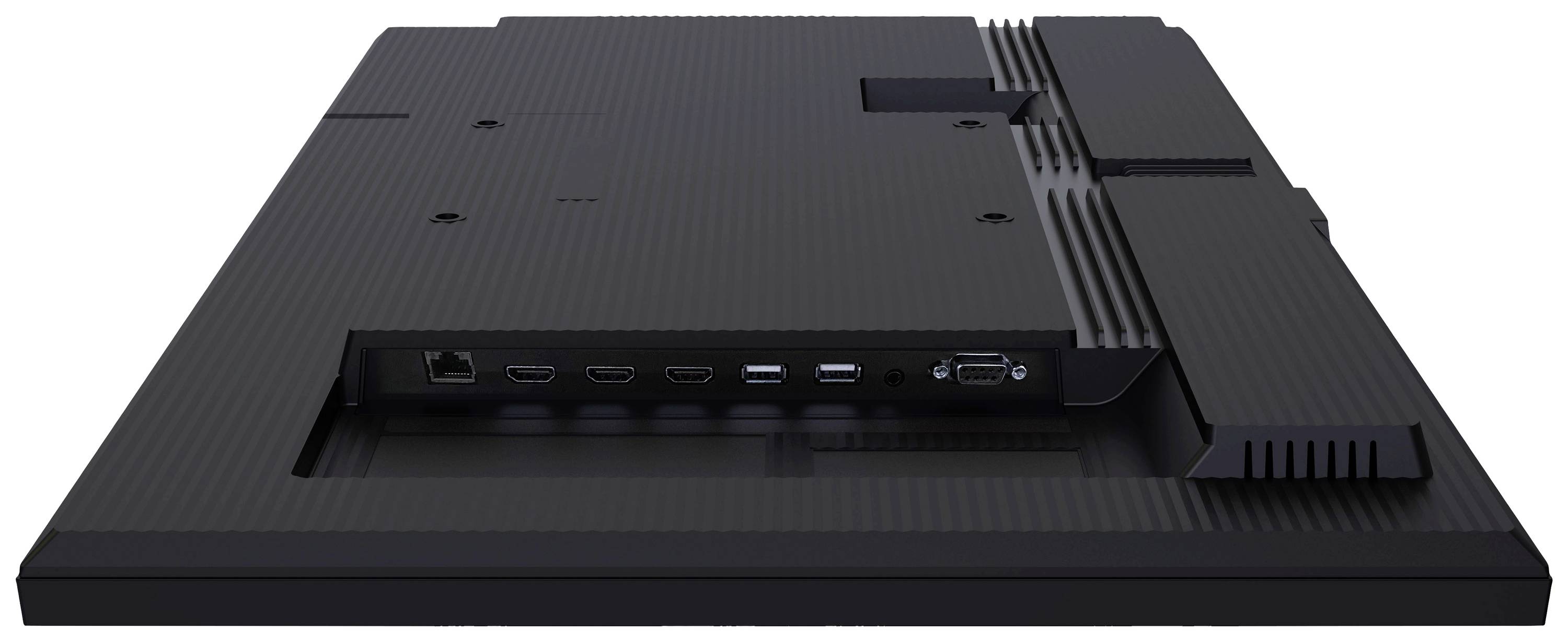 Vue arrière d'un moniteur montrant ses possibilités de connexion : plusieurs ports HDMI, ports USB et un port Ethernet.