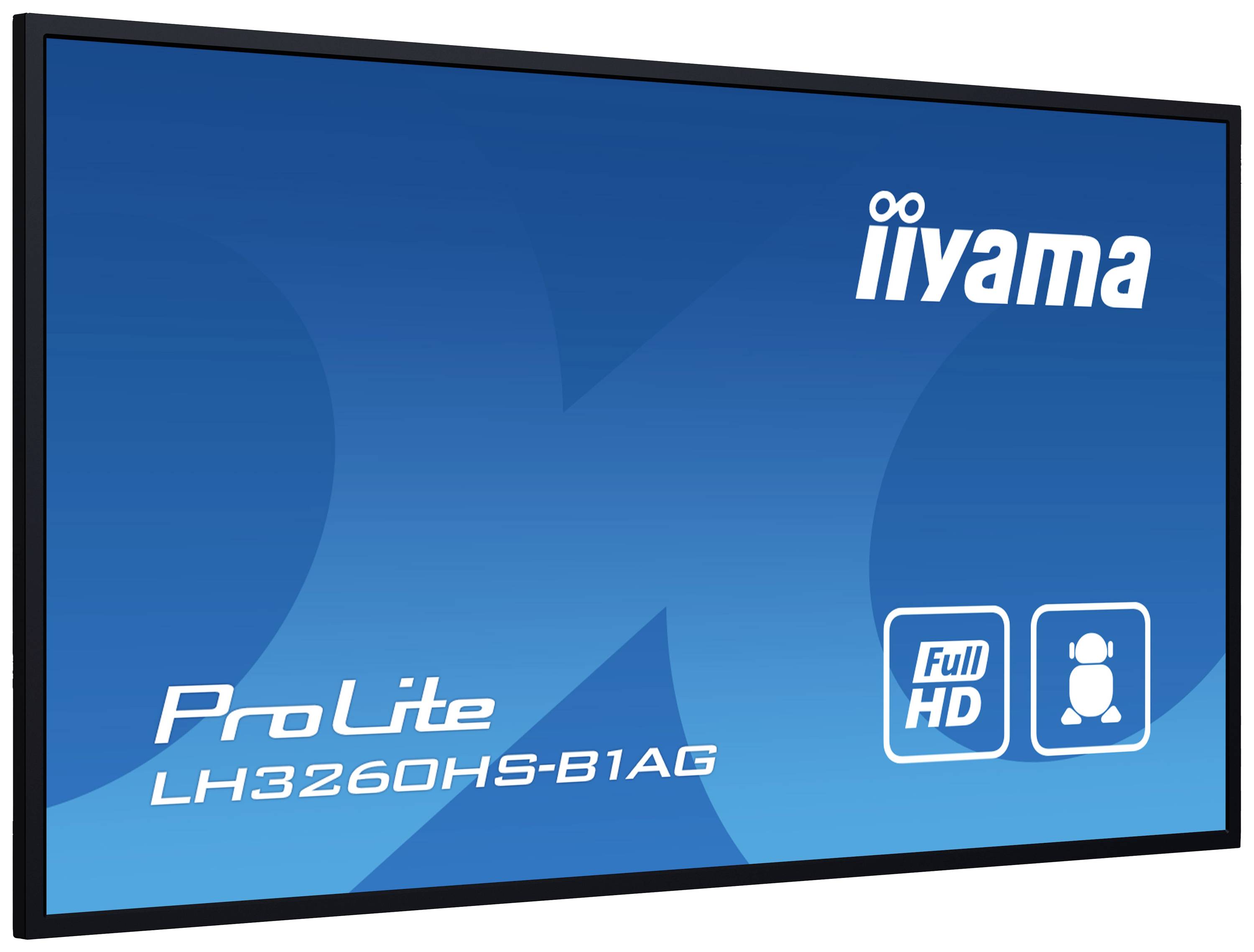 Un écran publicitaire bleu d'iiyama, modèle 'ProLite LH3260HS-B1AG' en Full HD, affiche le logo de la marque et le nom du modèle.