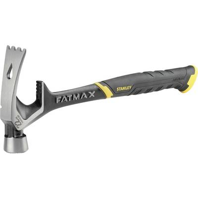Un marteau noir avec une tête en métal et des accents jaunes, marqué 'FATMAX' et 'STANLEY', est posé sur un fond blanc.