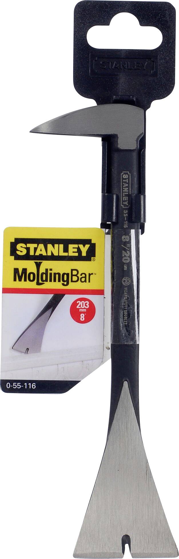 Sur l'image, on peut voir un pied-de-biche Stanley MoldigBar avec un manche noir et une pointe argentée, adapté pour le retrait de plinthes.