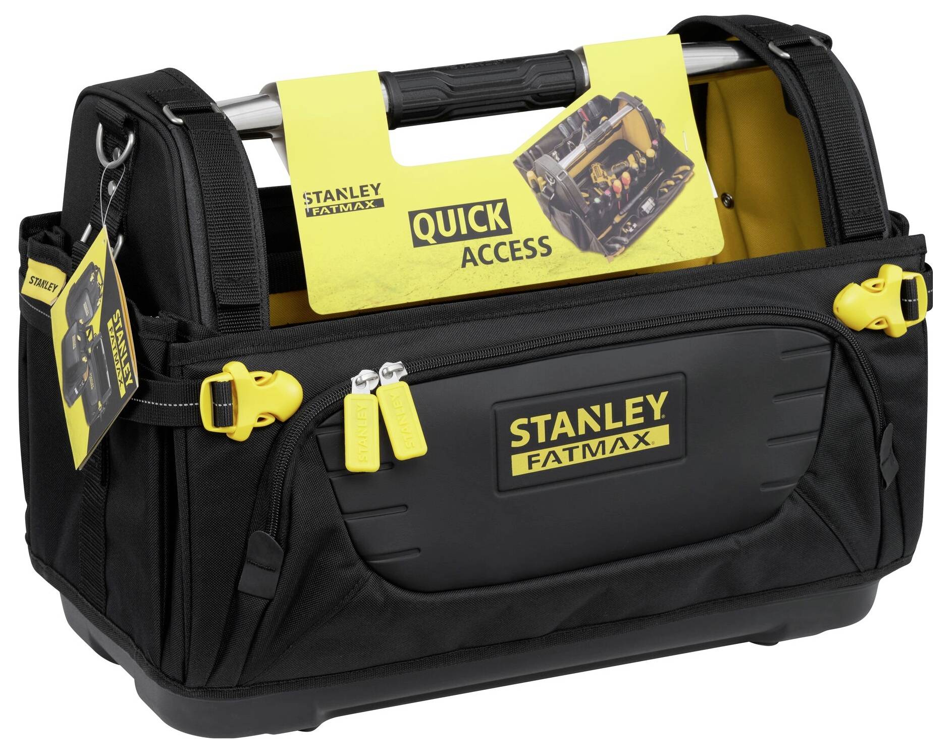 Sac à outils noir de Stanley Fatmax avec des détails jaunes. L'étiquette 'Quick Access' montre une image du sac ouvert avec des outils.