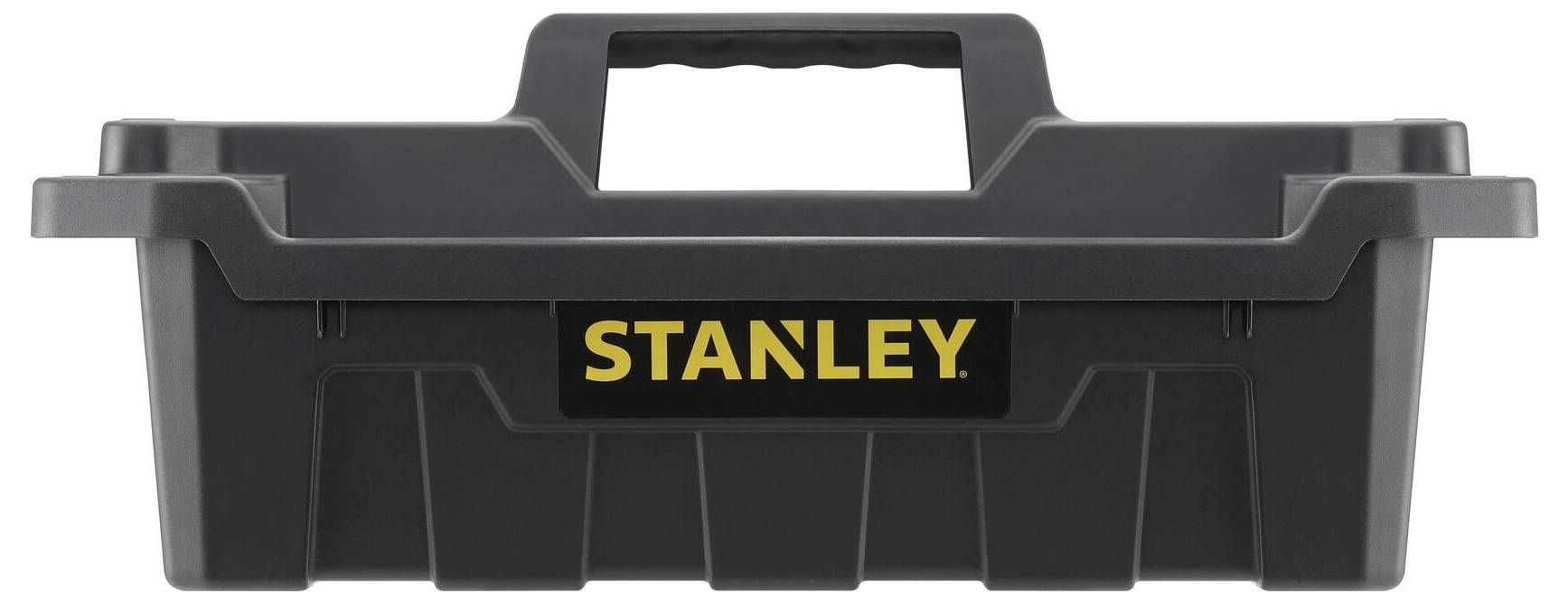 Porte-outils en plastique noir avec poignée, logo 'STANLEY' jaune au centre. Idéal pour transporter des outils.