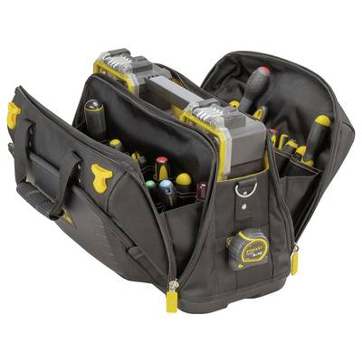 Un sac à outils ouvert contenant divers outils tels que des tournevis, un mètre ruban et des pinces, bien organisés dans des compartiments.