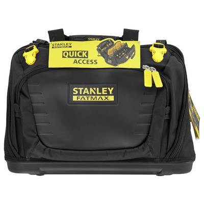 Un sac à outils noir de Stanley FatMax avec une étiquette "Accès Rapide" jaune et des fermetures à glissière jaunes.