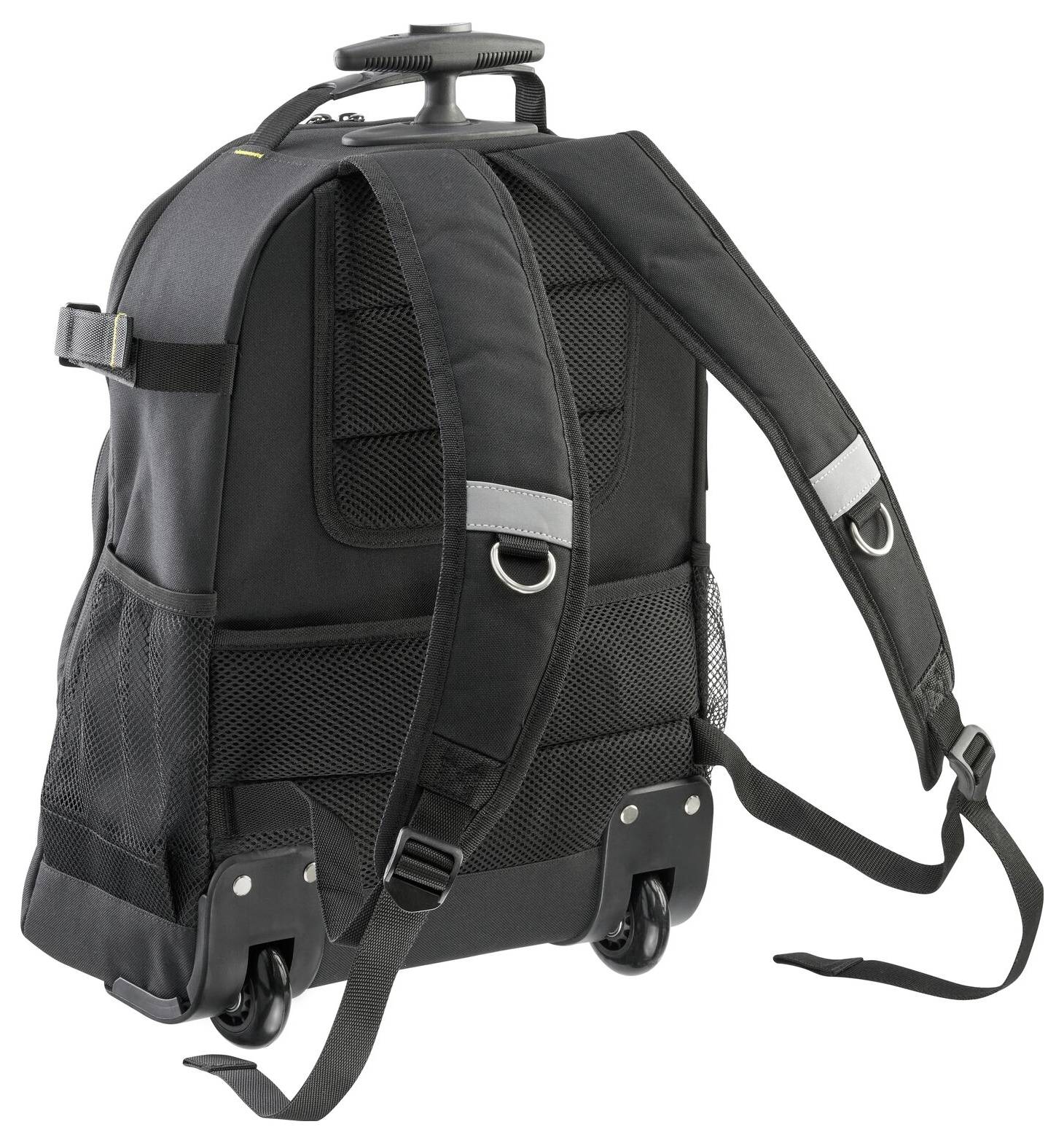 Sac à dos noir à roulettes avec sangles d'épaules réglables et deux poches, idéal pour les voyages ou l'usage scolaire.