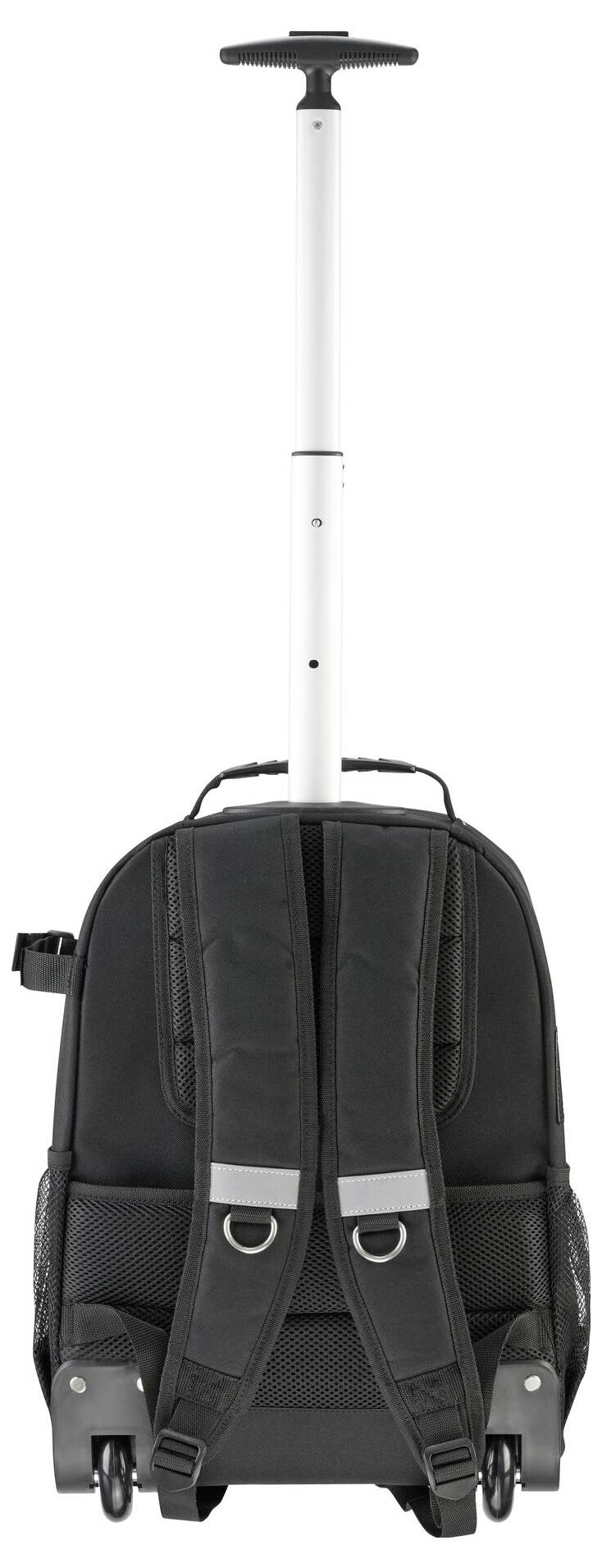 Sac à dos de voyage à roulettes avec poignée télescopique, sangles noires et poches en filet sur les côtés. Idéal pour les voyages et les déplacements quotidiens.