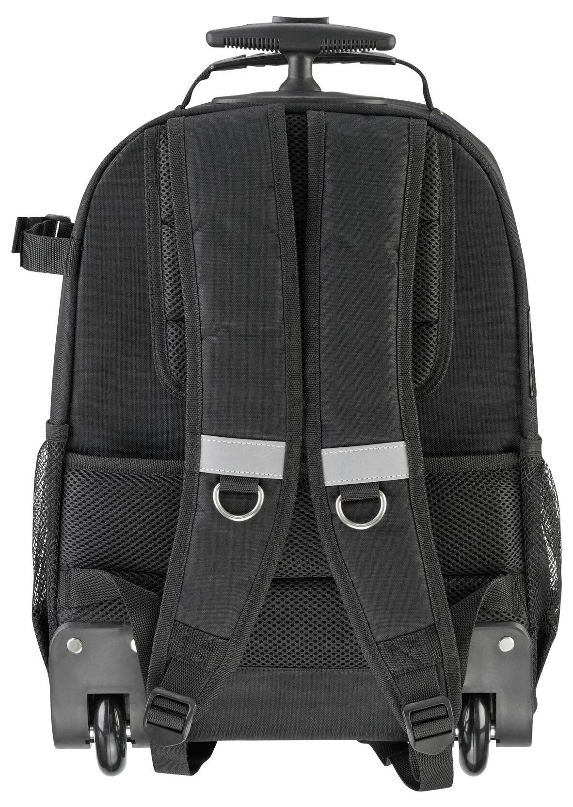 Sac à dos noir à roulettes avec poignée télescopique, bretelles réglables et poches latérales en filet ; vue de dos.