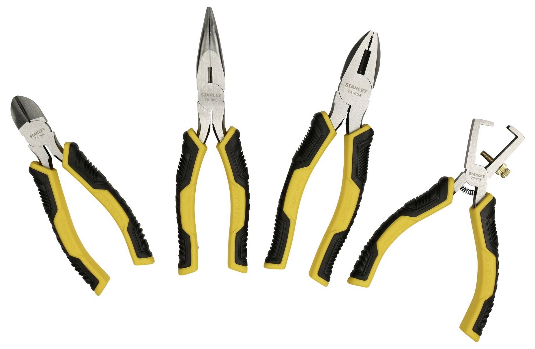 Quatre différentes pinces avec des poignées jaune et noir sur un fond blanc. Comprend des pinces coupantes, des pinces à bec pointu et des pinces à bec plat.