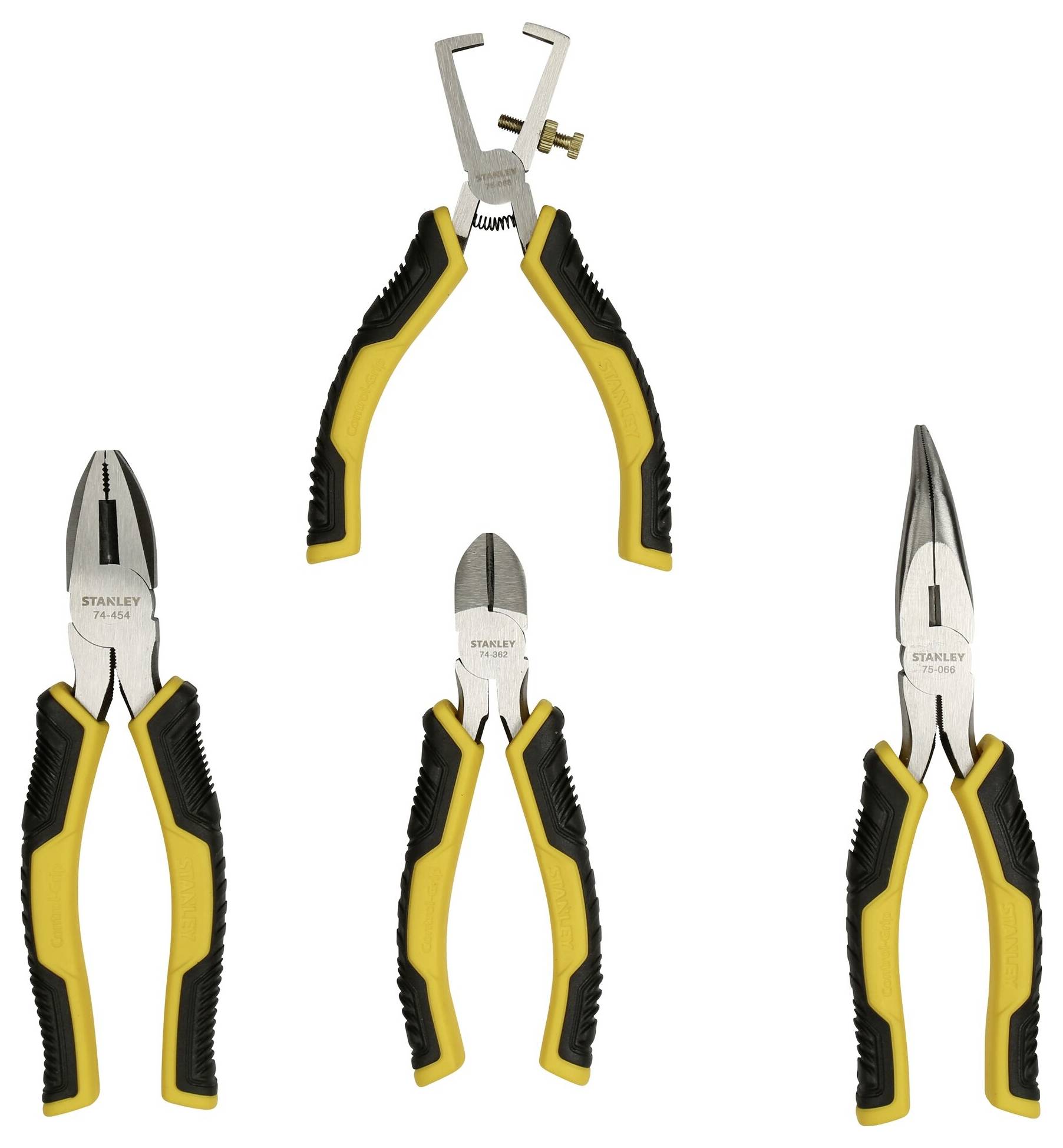 Quatre différentes pinces sur un fond blanc : clé à pinces, pince coupante latérale, pince multifonction et pince à bec pointu. Idéal pour les travaux de bricolage.