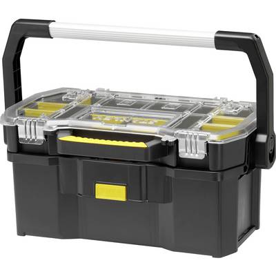 Boîte à outils noire avec couvercle transparent et poignée jaune au centre. Le couvercle présente plusieurs compartiments de rangement.