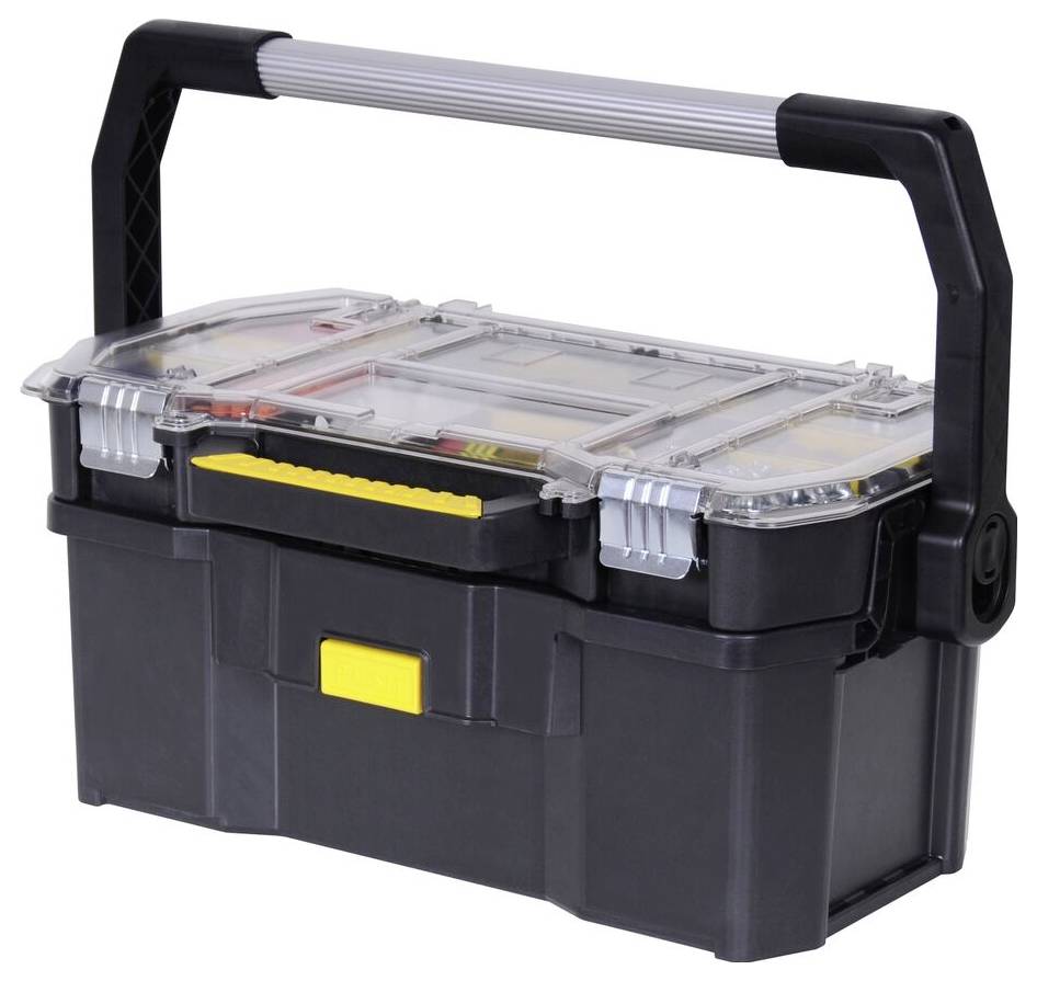 Une boîte à outils noire avec une poignée rabattable et un couvercle transparent, à travers lequel on peut voir les outils.