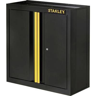 Armoire métallique noire avec deux bandes jaunes et l'inscription 'STANLEY' en haut. Utilisée pour le rangement des outils ou des matériaux.