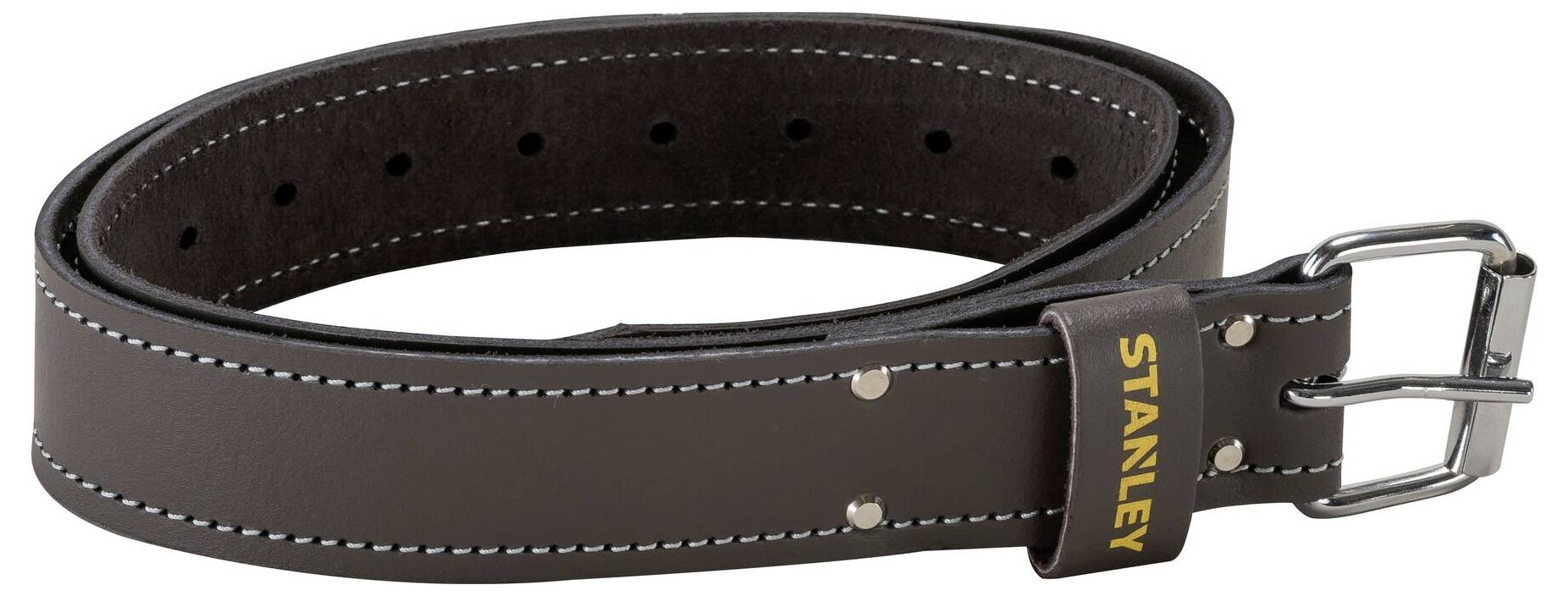 Ceinture marron avec boucle métallique, logo jaune 'STANLEY' sur la passant, nombreux trous pour ajuster la taille.