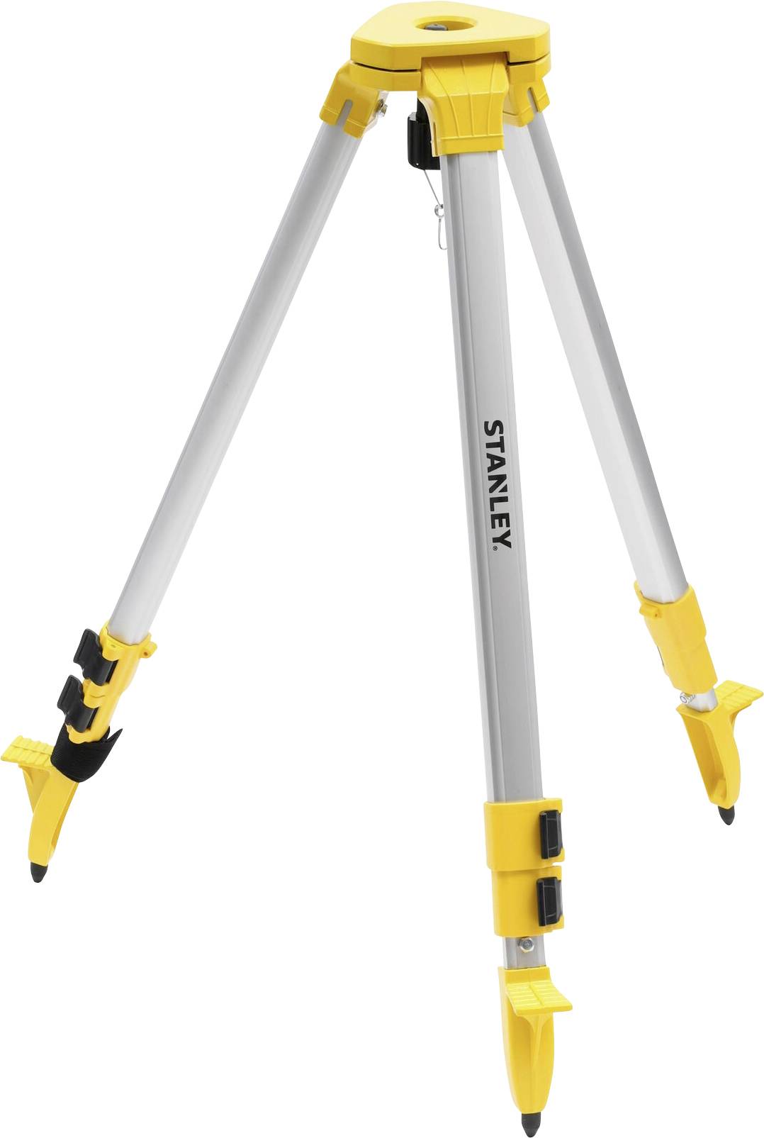 Un trépied jaune et argenté avec trois pieds télescopiques, adapté aux travaux de construction et aux instruments de mesure.